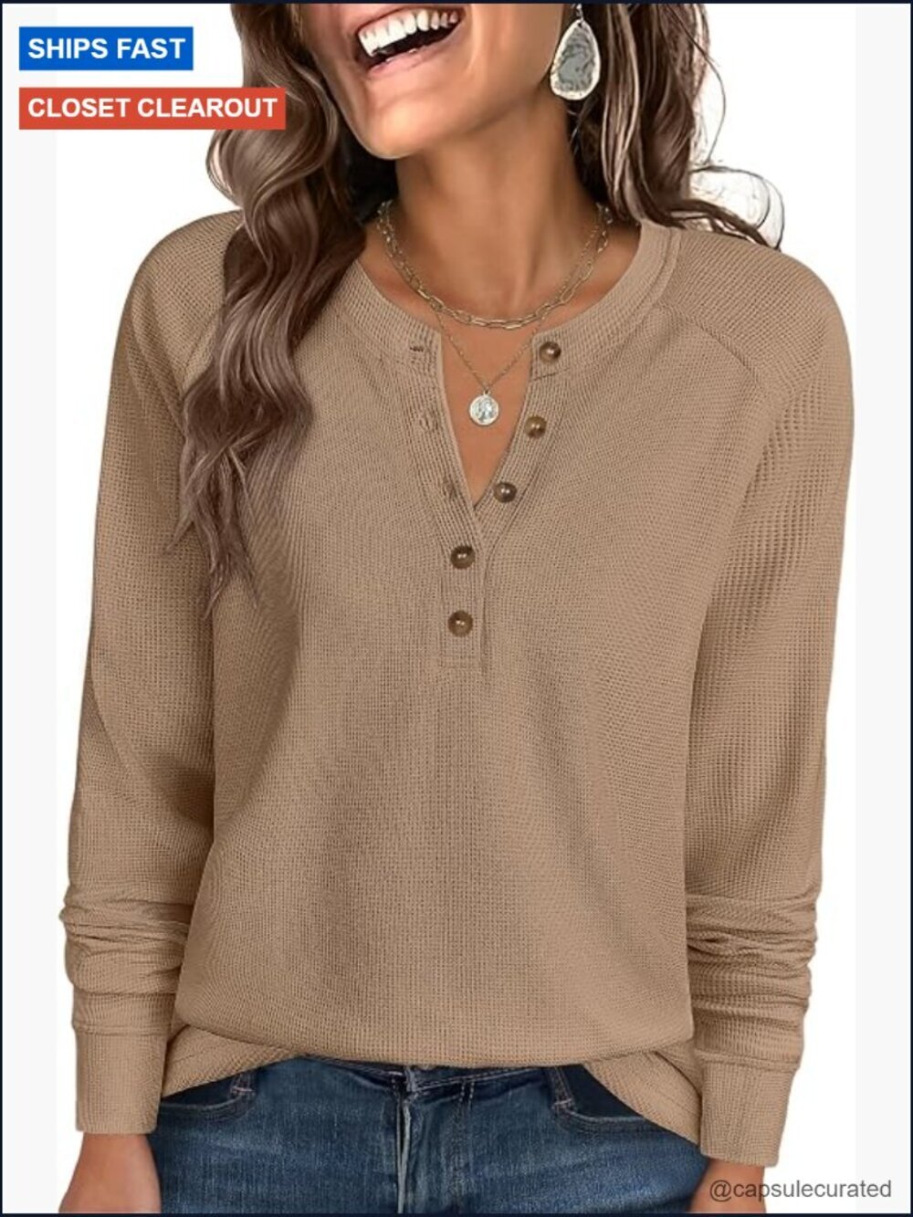 Waffle Knit Long Sleeve V Neck Henley Top Button Down Loose Blouse Tunic